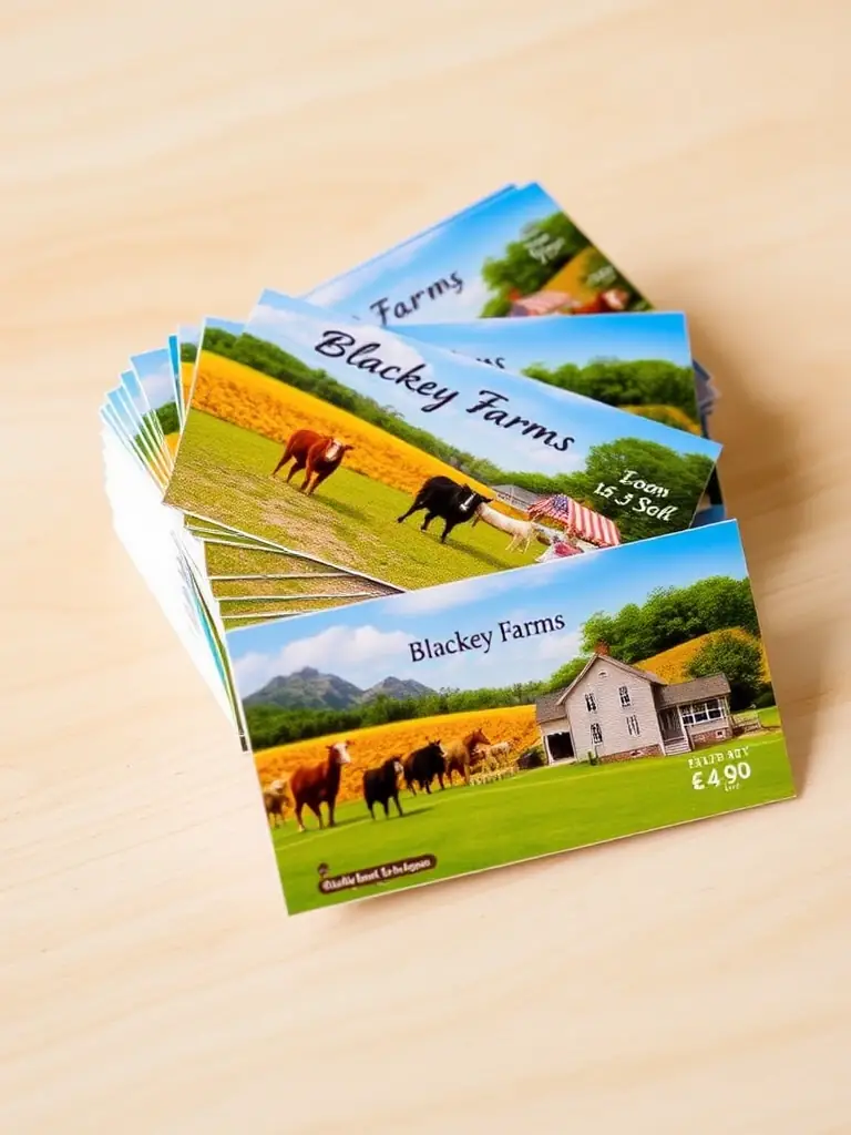A stack of Blackey Farms postcards featuring scenic views of the farm, including the fields, animals, and farmhouse. The postcards should be arranged neatly, showcasing the variety of images.
