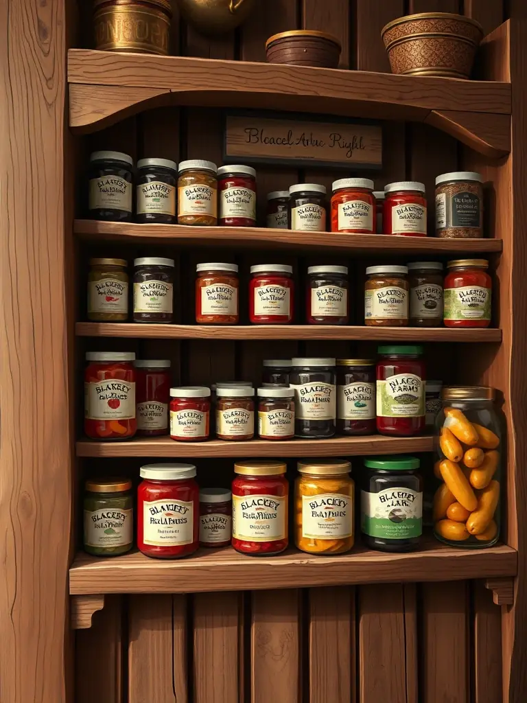 A rustic wooden shelf displaying various Blackey Farms pantry items, including jams, preserves, and pickled vegetables. The items should be arranged attractively, with labels clearly visible.