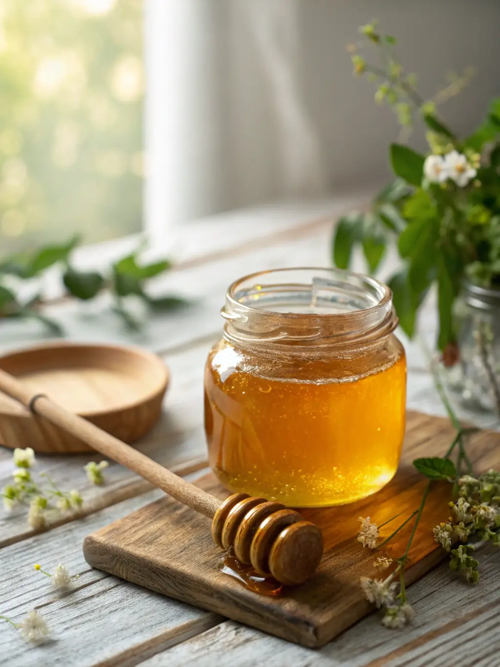 A close-up shot of a jar of Blackey Farms honey, with golden honey dripping from a spoon. The background should feature a blurred image of a beehive and wildflowers, emphasizing the natural origin of the honey.