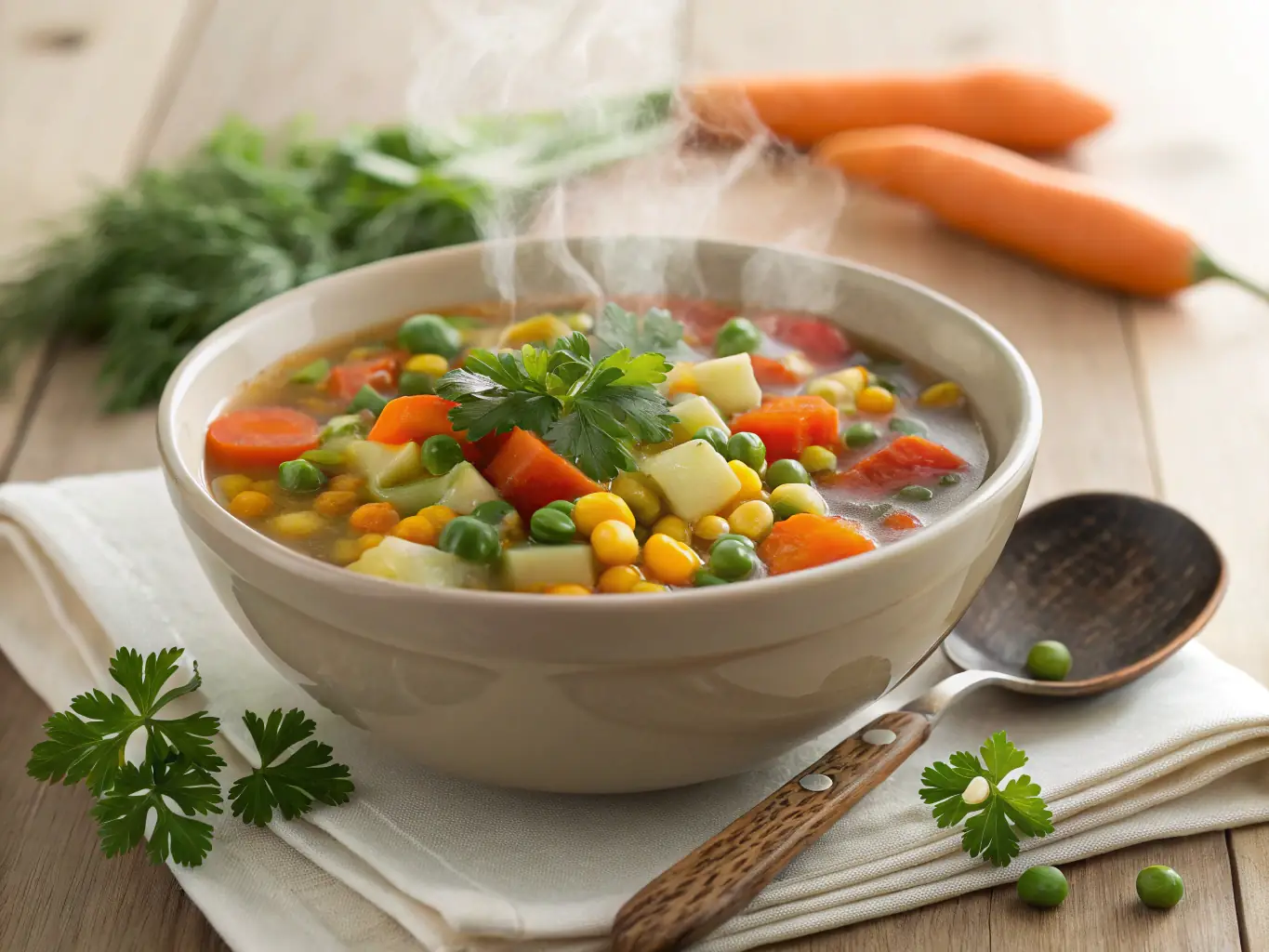 A steaming bowl of hearty vegetable soup made with Blackey Farms' carrots, potatoes, and other seasonal vegetables, garnished with fresh herbs.