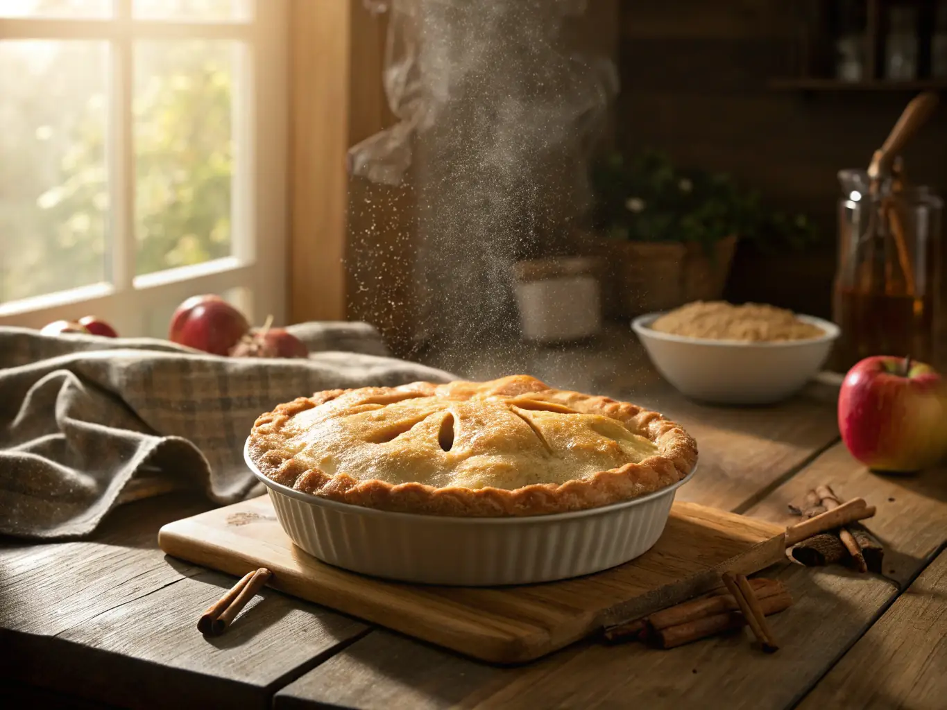A vibrant photo of a freshly baked apple pie made with Blackey Farms apples, set on a rustic wooden table with a farm backdrop.