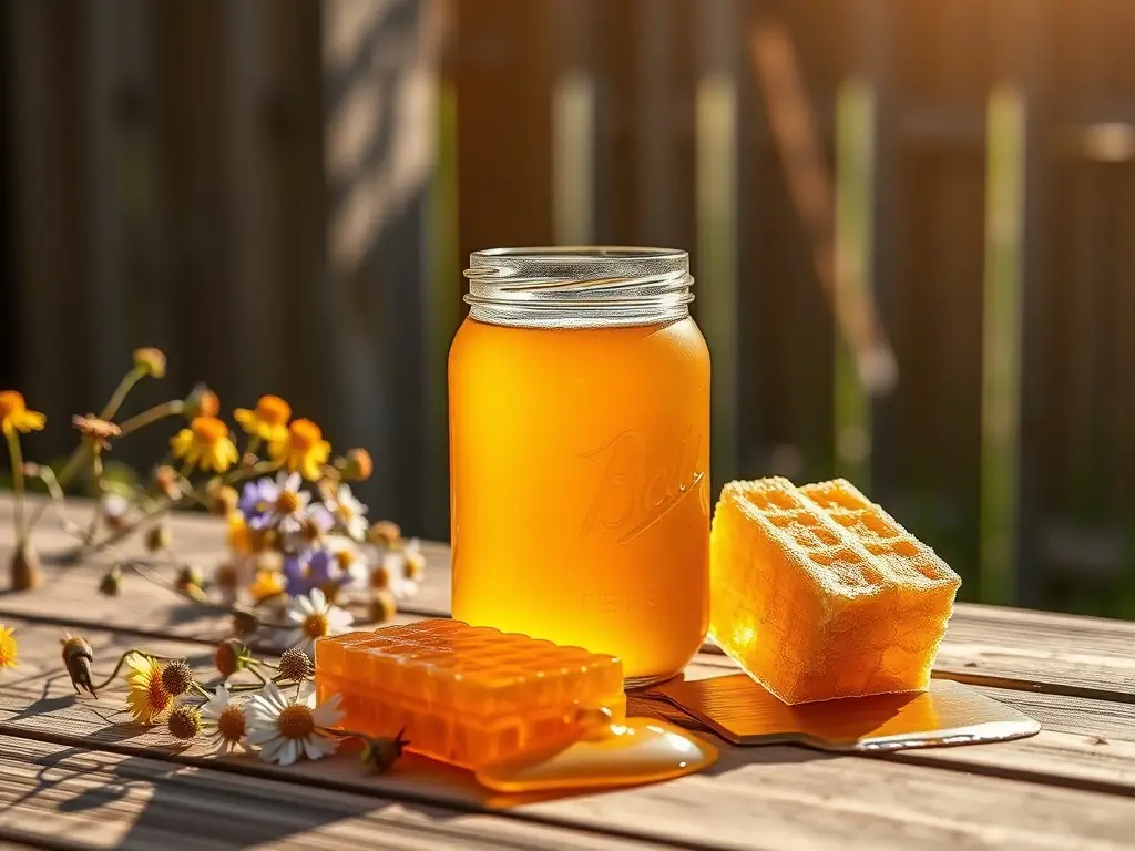 A jar of golden honey next to a loaf of freshly baked bread on a wooden table.
